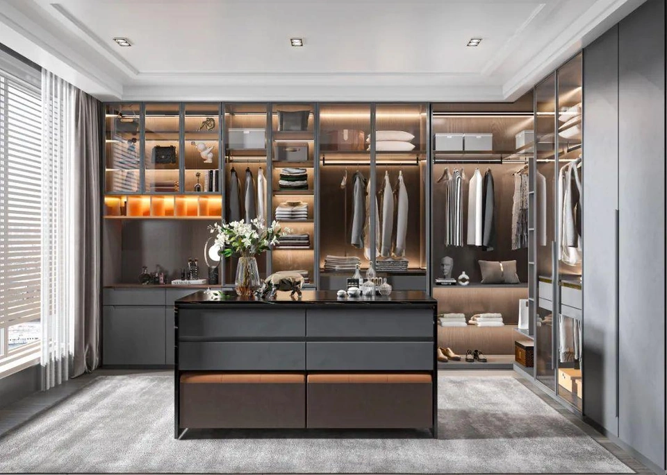 Propuesta de vestidor con madera y luz integrada